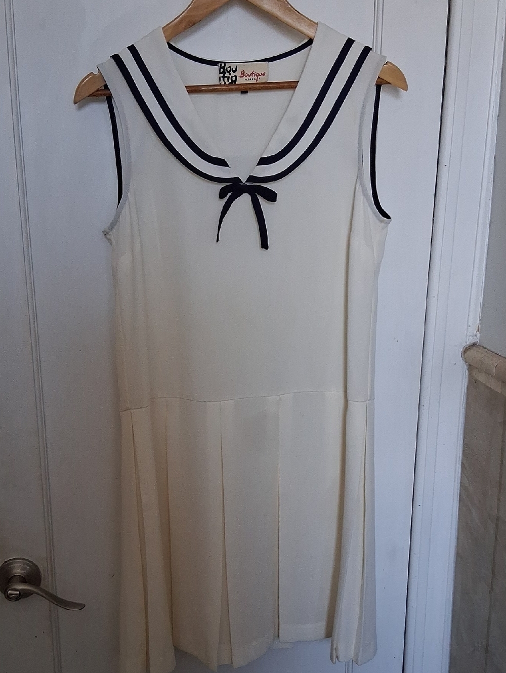 Sleeveless Cream Midi Dress with Navy Sailor Collar Boutique by Jaeger Size 8